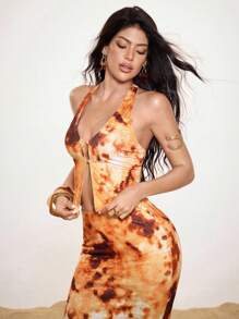 Shutterstock Women Sleeveless Top With Flame Print Suitable For Summer Tie Dye Orange Halter Top Y2K 2000s Cute Top Back To School Club Outfits Women Sexy Date Night Outfits Women - Yellow - View 1