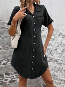 EMERY ROSE Women's Casual Denim Dress With Short Sleeve, Single-Breasted Pocket Design - Dark Grey - View 5