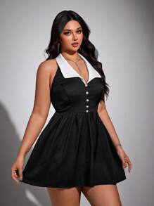 Flirla Plus Size Spring/Summer French Retro V-Neck Halter Collar Waisted Dress, Formal Gown - Black - View 4