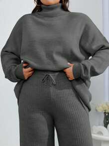 EURMUSE 2pcs High Neck Drop Shoulder Sweater And Ribbed Solid Color Sweater Pants - Dark Grey - View 4