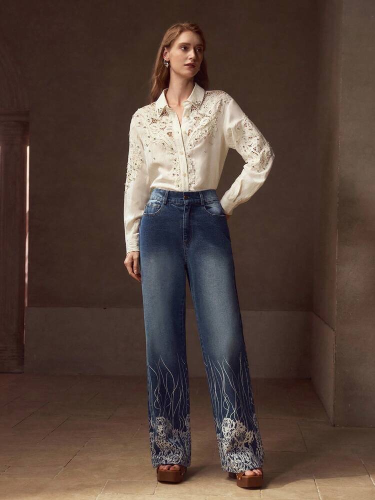 CONTRAST GUIPURE LACE RHINESTONE SHIRT