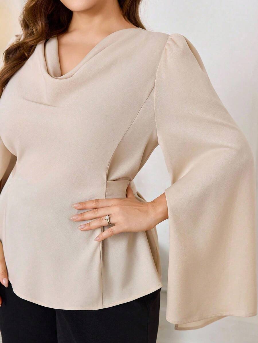 Modelyn Damen Stehkragen Langarm Bindebündchen Satin Top und gerade geschnittene Hose, eleganter Zweiteiler, Große Größen, Business Casual - Verschiedenfarbig - Übersicht 1