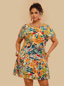 Travachic 大碼印花蝙蝠袖直筒連衣裙 - 彩色 - 查看 4