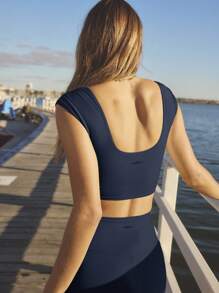 Aralina Leisurewear Summer Yellow Ruche Front Bike Short Ruffle Top Two Pieces Set - Navy Blue - View 9