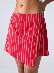 LYSMO 简约红色条纹裙，校园制服，舒适休闲，通勤百搭女士短裙 - 紅色 - 查看 3