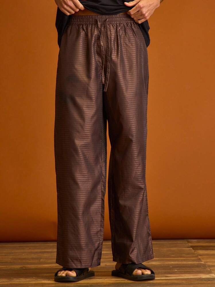 Musero Pantalones rectos de seda para hombres con cordón y cintura elástica, para verano, vacaciones y tiempo libre - Marrón - Añade 3