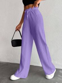 EURMUSE Petite Women's Solid Color Long Waist Drawstring Pants - Lilac Purple - View 3