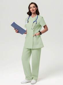 Scrubzie Anti-Wrinkle Long V-Neck Shirt And Long Pants 2 Pieces /Healthcare Scrub Uniform Set - Green - View 3