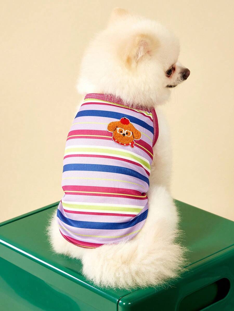 PETSIN 1 件复古时尚条纹刺绣弹力舒适休闲宠物狗背带背心,适合狗和猫 - 彩色 - 查看 1