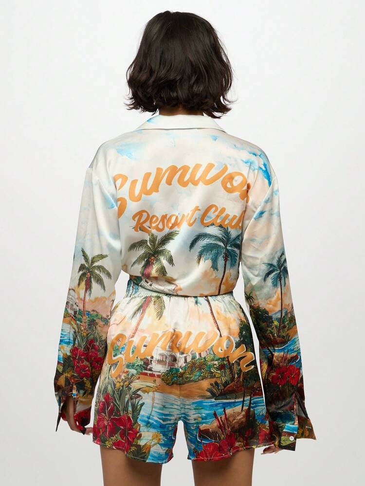 SUMWON WOMEN 신축성 있는 밴드가 달린 트로피컬 리조트 프린트 하이웨이스트 반바지