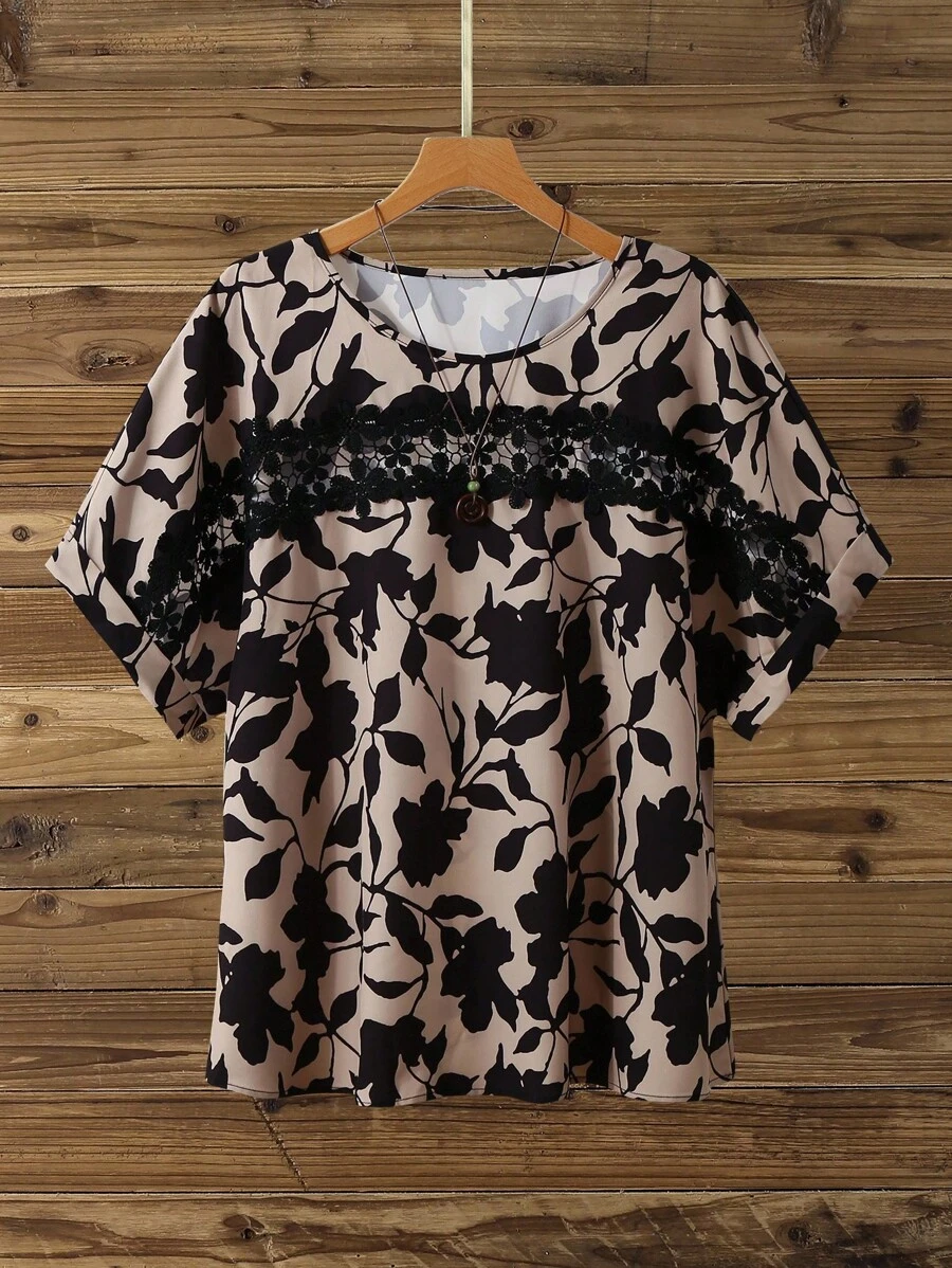 Lacomfia Chemise ample décontractée de grande taille avec imprimé floral aléatoire, manches chauve-souris, confortable et avec garniture en dentelle ajourée