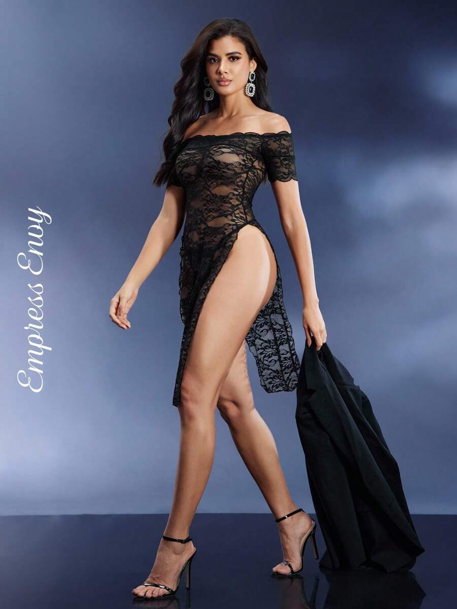 Váy ngủ hở vai hở vai gợi cảm ren cho nữ - màu đen - Xem 1