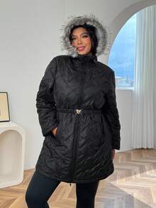 SHEIN EZwear 女士加大码长袖拉链前拼接毛茸茸连帽休闲冬季夹克 - 黑色 - 查看 5