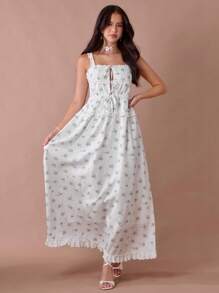 Enchnt Vestido maxi de princesa con estampado floral blanco, volantes y lazos en los tirantes para mujer, romántico de verano - Multicolor - Ver 3