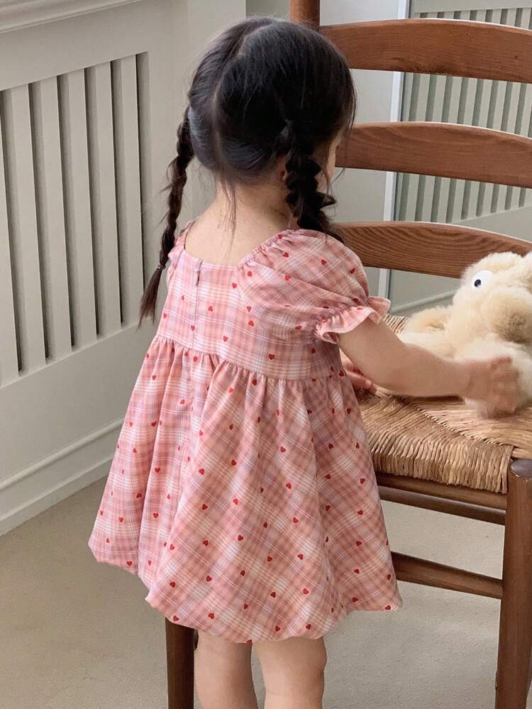 Toddler Girls' Casual Plaid Puff Sleeve Mid-Length Dress