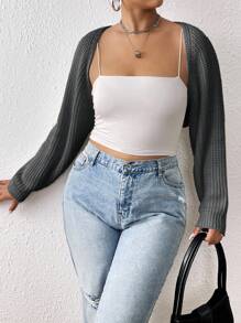 SHEIN EZwear 加绒罗纹针织开衫无吊带背心上衣春秋冬装 - 深灰色 - 查看 5