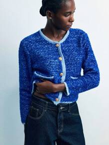 Maija Áo khoác cardigan nữ màu xanh dương phối viền tương phản, kiểu dáng đơn giản, thanh lịch, thoải mái, thích hợp mặc đi làm, tay dài, cài cúc phía trước và có túi, áo len cho nữ công sở, trang phục mùa thu, trang phục Giáng sinh, phong cách thu đông. - Màu xanh lam - Xem 11