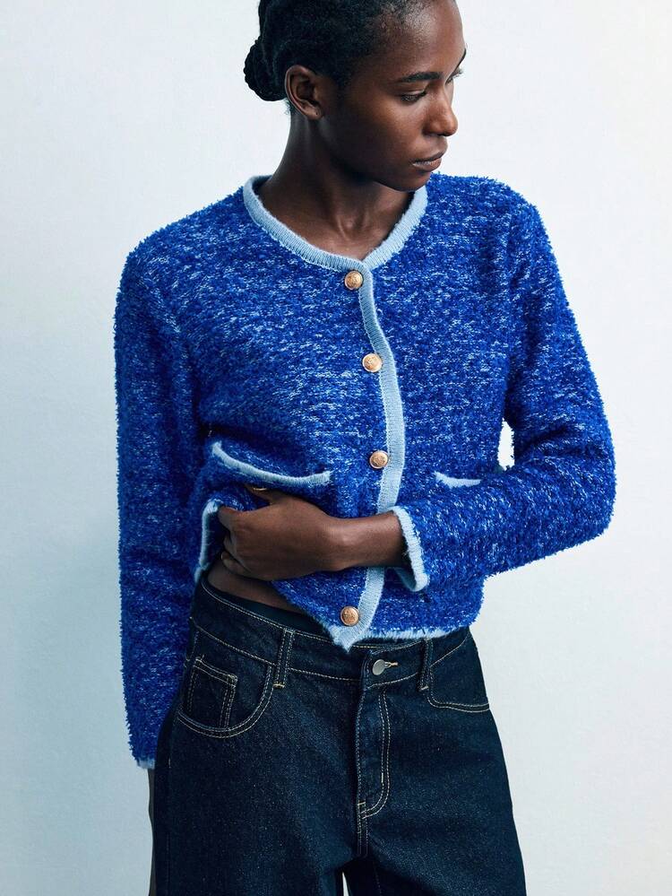 SHEIN Maija Cardigan femme avec bordure contrastée bleue, simple, élégant et confortable pour le travail. Veste pull à manches longues avec boutons devant et poches, pour femme de bureau en automne. Tenue de Noël chic pour l'automne