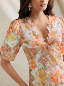 Anewsta Rochie de damă cu decolteu în V, mâneci scurte și bufante, talie înaltă, linie A, dantelă solubilă în apă, imprimeu floral, potrivită pentru vară, festivaluri, sărbători, vacanță, elegantă