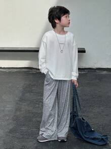 Dazy Kids 2pcs Kids Fall Outfit, Toddler Boys Loose Casual Striped Letter Print T-Shirt And Straight Leg Sweatpants Set - White - View 3