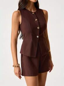 SHEIN Tall 女士休闲夏季商务前扣背心短裤套装秋冬 - 棕色 - 查看 6