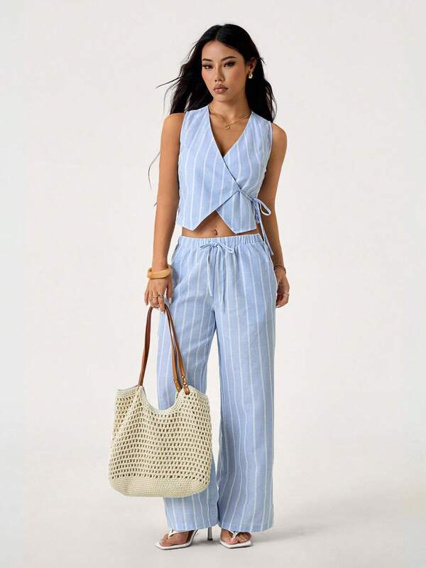 SHEIN PETITE Comfortable Blue Striped Two Pieces Set For Women: V-Neck Sleeveless Top And Wide Leg Pants Perfect For Casual Occasions