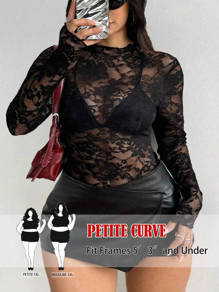 SHEIN PETITE Damen Große Größen Spitze durchsichtige Langarm sexy Bluse
