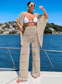 EURMUSE Women Vcay Crochet Knit Three-Quarter Sleeve Kimona And Pant Cover-Up Set