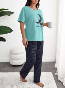 SHEIN Set pijamale Cottonline 2 piese mărime mare, cămașă cu mânecă scurtă și imprimeu cu lună în culori contrastante, model stele