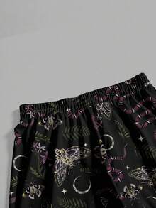 ROMWE Quần dài rộng rãi in họa tiết cánh lá mặt trăng phù thủy rắn bướm đêm Gothic bí ẩn tối màu cỡ lớn - màu đen - Xem 4