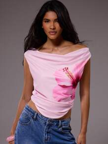 MUSERA Graphic Flower Detail Asymmetric Off The Shoulder Top Summer Fun Holiday Vacation Ibiza Festival Going Out Tops Spring - Pink - View 2