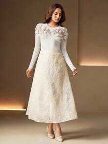 Anewsta Elegant French Luxury Beaded 3D Floral Rhinestone Decorated Sexy Crew Neck Sweater - White - View 6