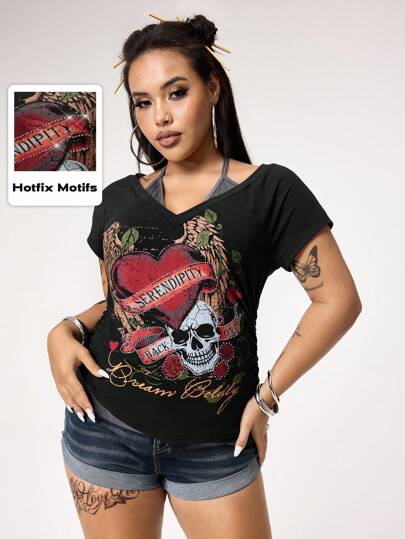 Grunge Punk Große Größen Retro Y2K Skelett Flügel Herz Muster Strass verziertes 2 in 1 V-Ausschnitt gestreiftes Kontrastfarben Neckholder Schleife Damen T-Shirt