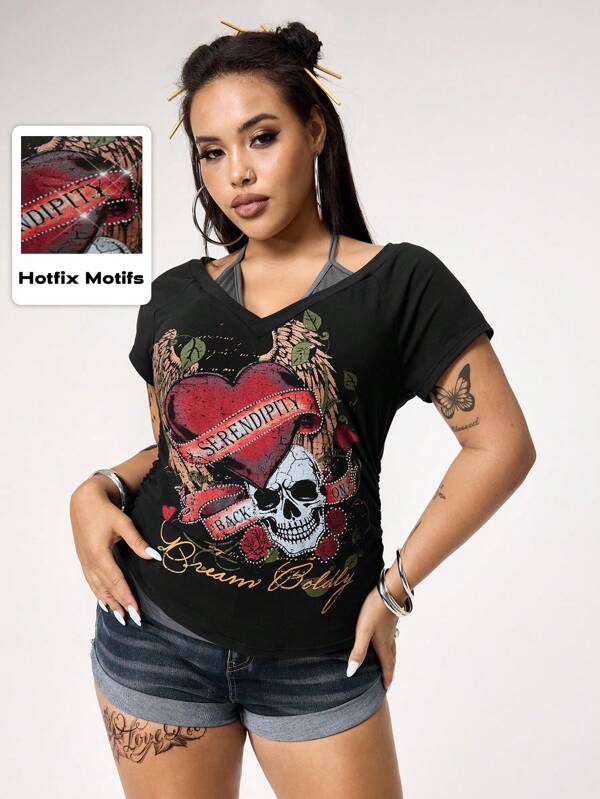 ROMWE Grunge Punk Plus Size Retro Y2K Skeleton Wing Heart Print Rhinestone Embellished Faux Two Pieces V-Neck Striped Contrast Color Halter Bowknot Women T-Shirt