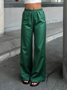 SHEIN Cottnline RueChic Satin High Waist Wide Leg Pant - Green - View 4