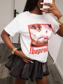 Noixe Grappig T-shirt met kattenpatroon, schattig kattenliefhebber casual dames T-shirt grafische T-shirts dames tops