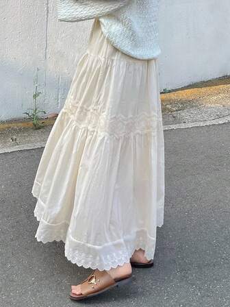 FRIFUL Long Contrast Lace Flared Skirt For Women
