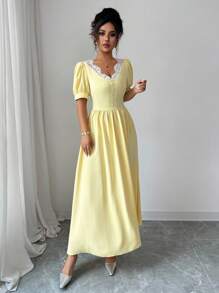 Modelyn Vestido de diseño elegante francés para mujer, ajustado a la cintura y de corte ceñido - Amarillo - Ver 3