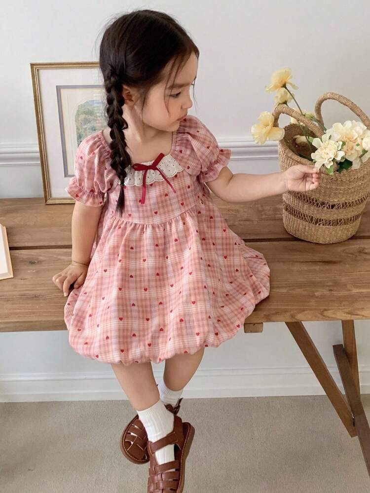Toddler Girls' Casual Plaid Puff Sleeve Mid-Length Dress