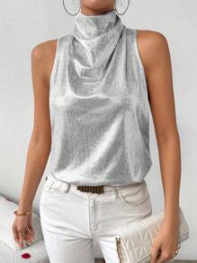 SHEIN LUNE 时尚金属色立领褶饰背心 - 銀色 - 查看 1