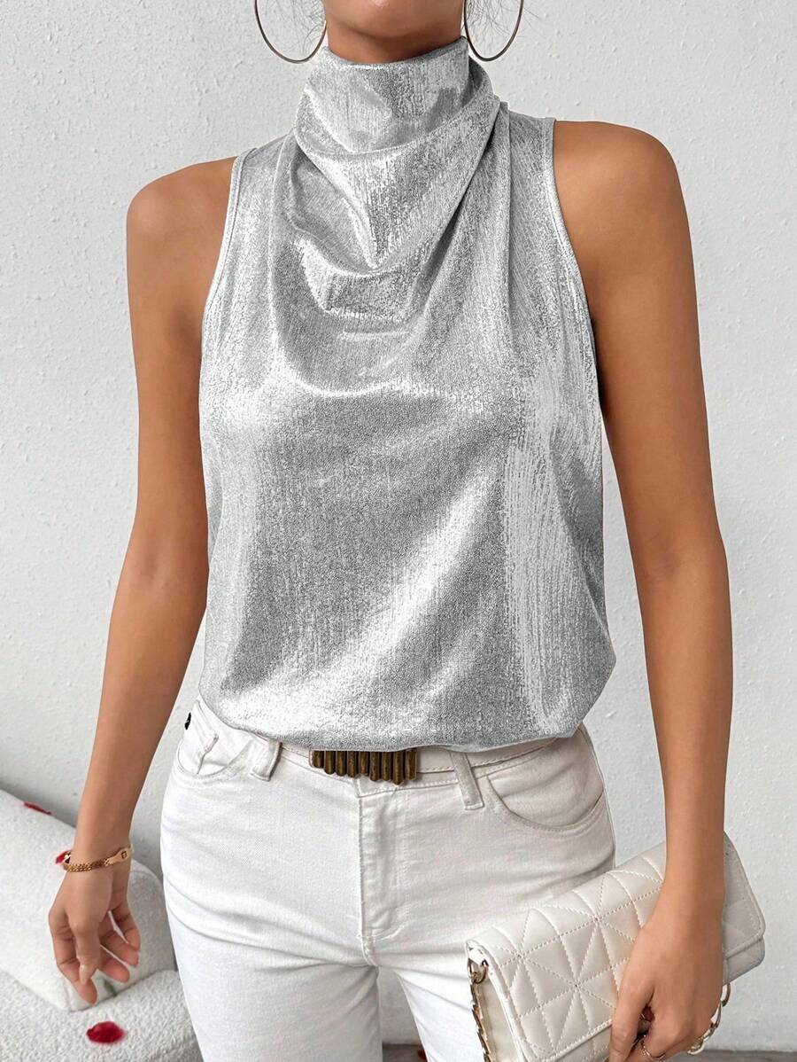 SHEIN LUNE 时尚金属色立领褶饰背心 - 銀色 - 查看 1