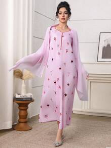 Yasmyna 女式卡通人物印花长袖阿拉伯风格连衣裙 - 粉色 - 查看 4