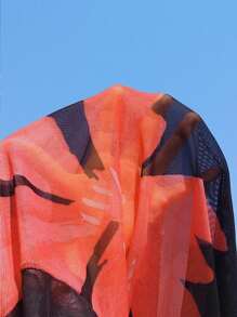 Swim Lushoire 大码女式网眼短袖印花宽松短款沙滩罩衫 - 紅色 - 查看 7