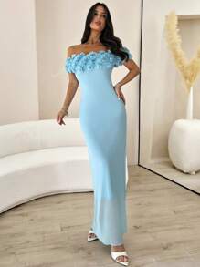 Firerie Đầm Maxi Ôm Body Lưới Hoa Một Vai Màu Xanh Lãng Mạn Thanh Lịch, Thích Hợp Cho Các Buổi Hẹn Hò, Tiệc Tùng, Kỳ Nghỉ - Màu xanh lam - Xem 2