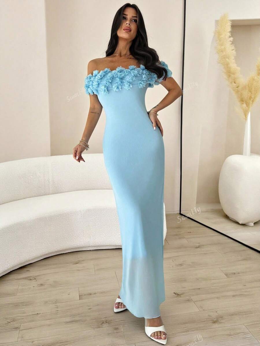 Firerie Đầm Maxi Ôm Body Lưới Hoa Một Vai Màu Xanh Lãng Mạn Thanh Lịch, Thích Hợp Cho Các Buổi Hẹn Hò, Tiệc Tùng, Kỳ Nghỉ