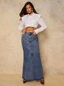 COSMINA 2000 年代女士休闲日常水洗牛仔鱼尾 A 字裙长款牛仔裙，夏季/秋季女装 - 深色水洗藍 - 查看 3