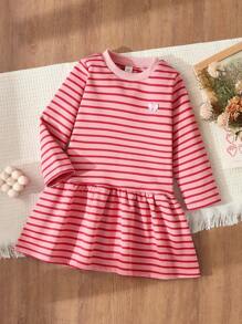 Blossori 年轻女孩法式优雅条纹刺绣宽松长袖连衣裙 - 淺粉色 - 查看 1