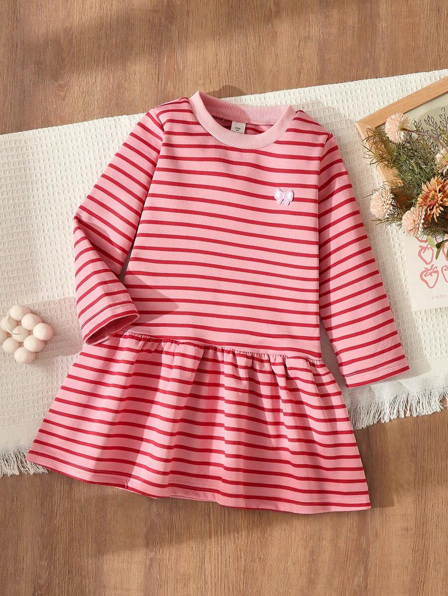 Blossori 年轻女孩法式优雅条纹刺绣宽松长袖连衣裙 - 淺粉色 - 查看 1