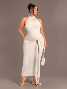 Radiana Đầm cổ yếm thanh lịch màu trơn cỡ lớn cho nữ, thiết kế xoắn eo thời trang, mùa xuân/hè - Màu be - Xem 4