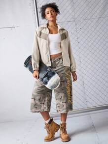 SHEIN Sports Women's Color Block Splice Casual Sports Jacket - Apricot - View 4